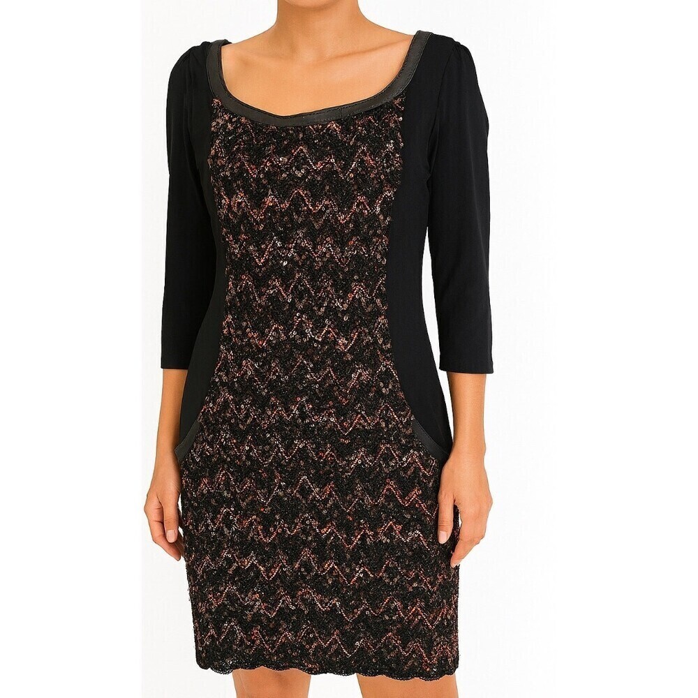 Phoebe Couture tweed faux leather knee length dress pockets SZ 12 career